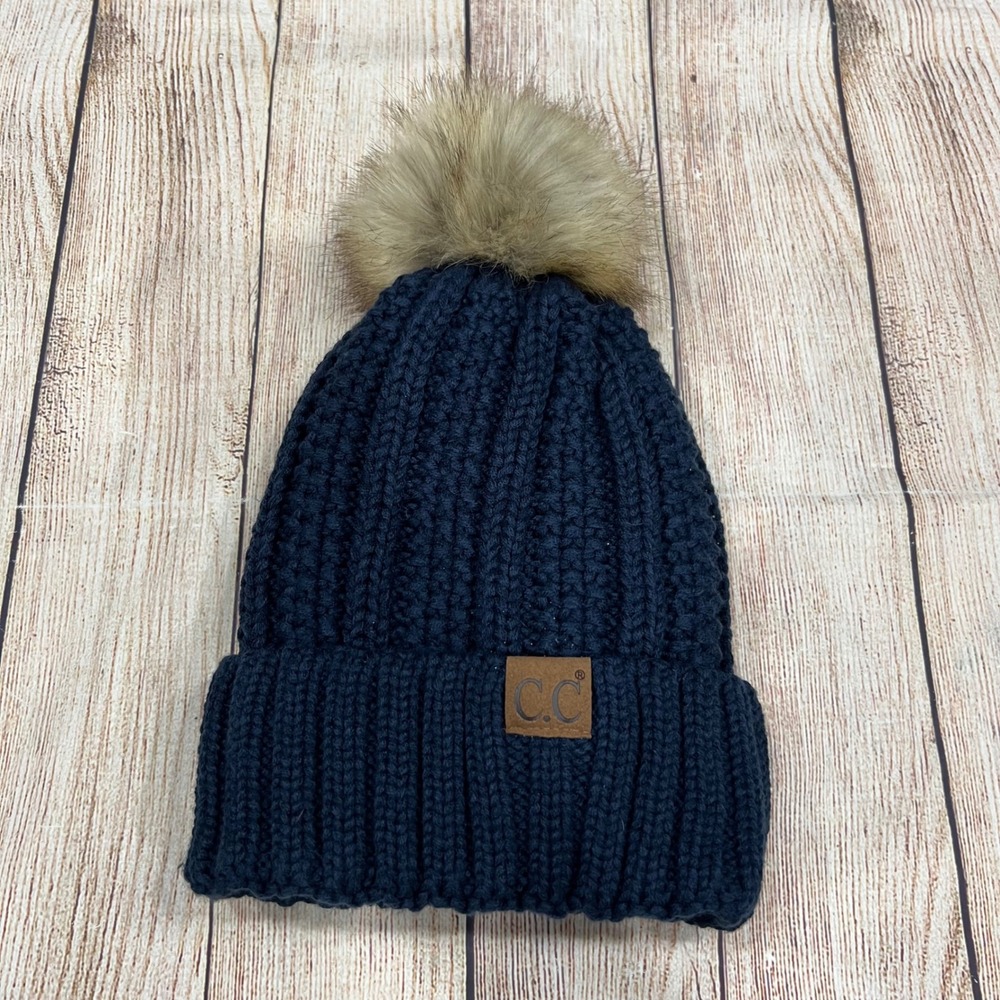 CC Exclusives Kids Navy Blue Cable Knit Beanie Faux Fur Pom Fuzzy‎ Lined Hat